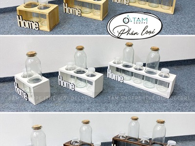 Bộ khung gỗ chữ nhật kèm lọ thuỷ tinh cắm hoa thuỷ canh [3 màu - 3 size] BINHLOHOA-05